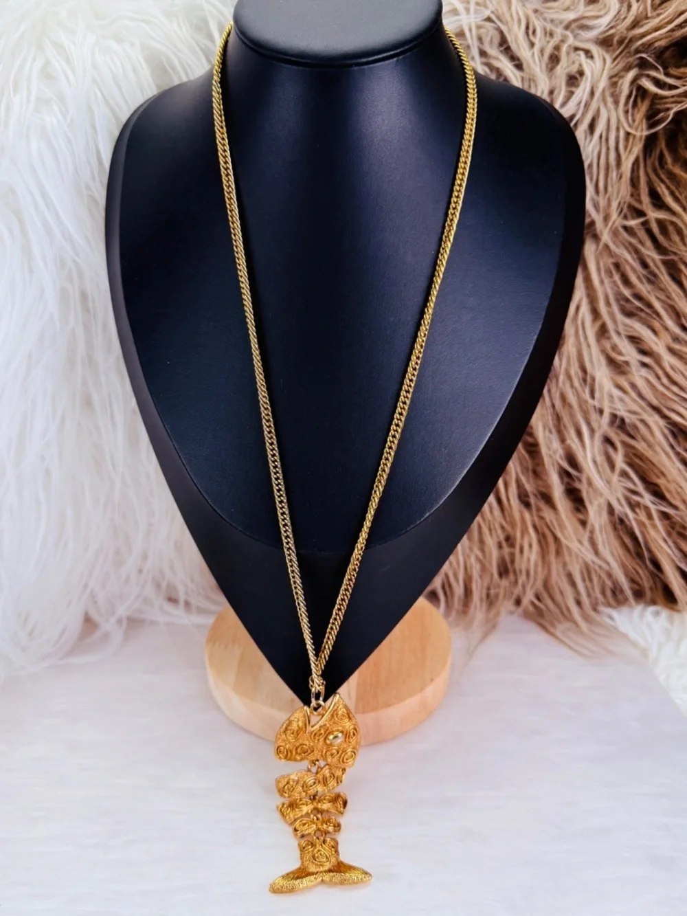 Vintage Articulated Fish Aged Goldtone Pendant Necklace • JJ Jonette Signed
